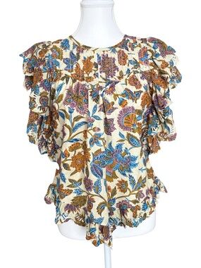 Love the Label Floral Ruffle Sleeve Boho Blouse Size Small Cotton Peplum Top
